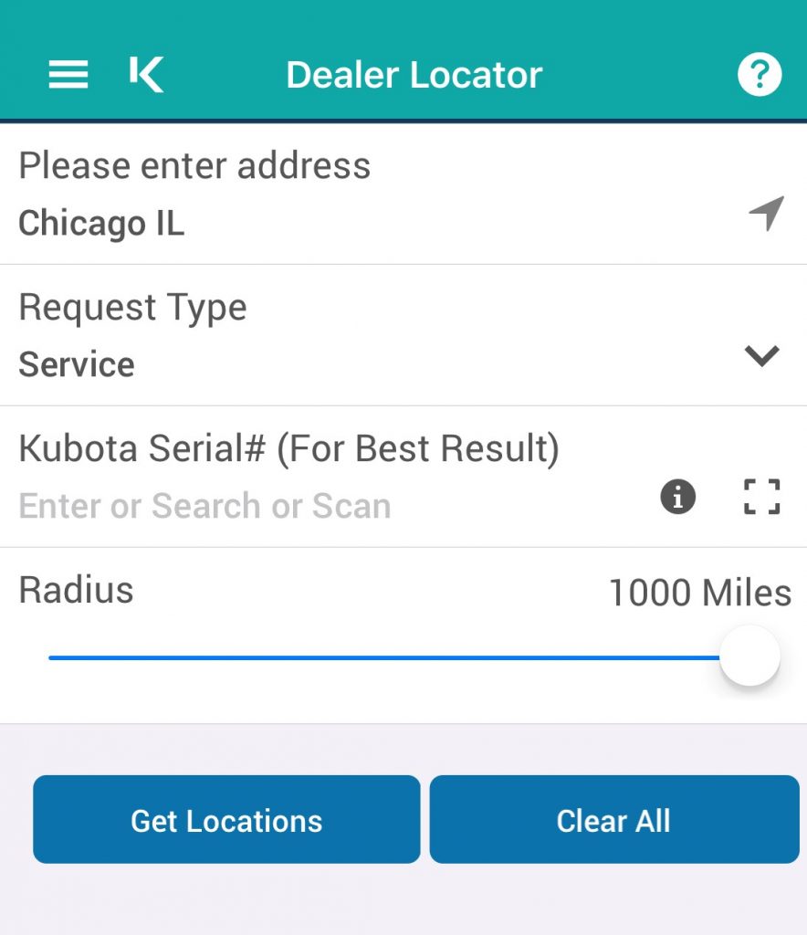 Image of the dealer locator on the Kubota Engine America app.