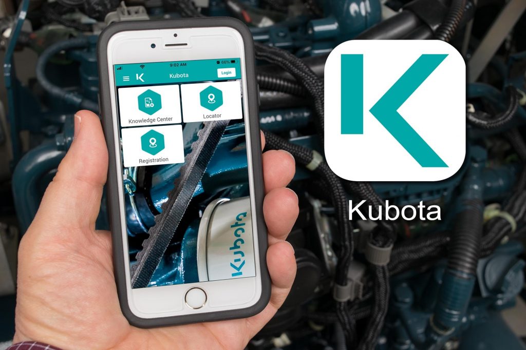 hand holding a smart phone using the Kubota Engine America mobile app