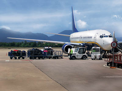 airplane with ground support equipment