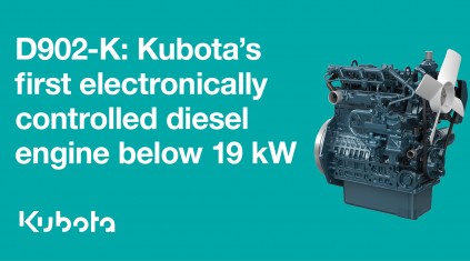 image of engine with text "Kubota's first electronically controlled diesel engine below 19kW"
