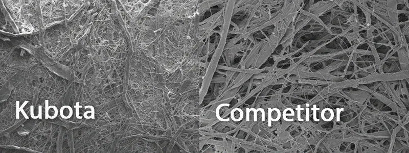 Image of Kubota fuel filter versus a competitor's filter media, showing that genuine Kubota filters are more dense to capture more particles